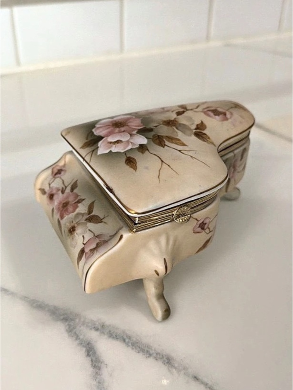 Napco Floral Ceramic Trinket Box Cream & Pink